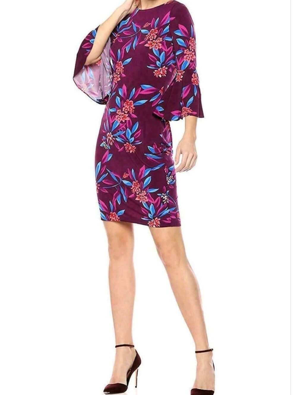 Calvin Klein Floral Sheath Dress Stretch Bell Sleeve Knee Length Wom Sz 14 Pre-o